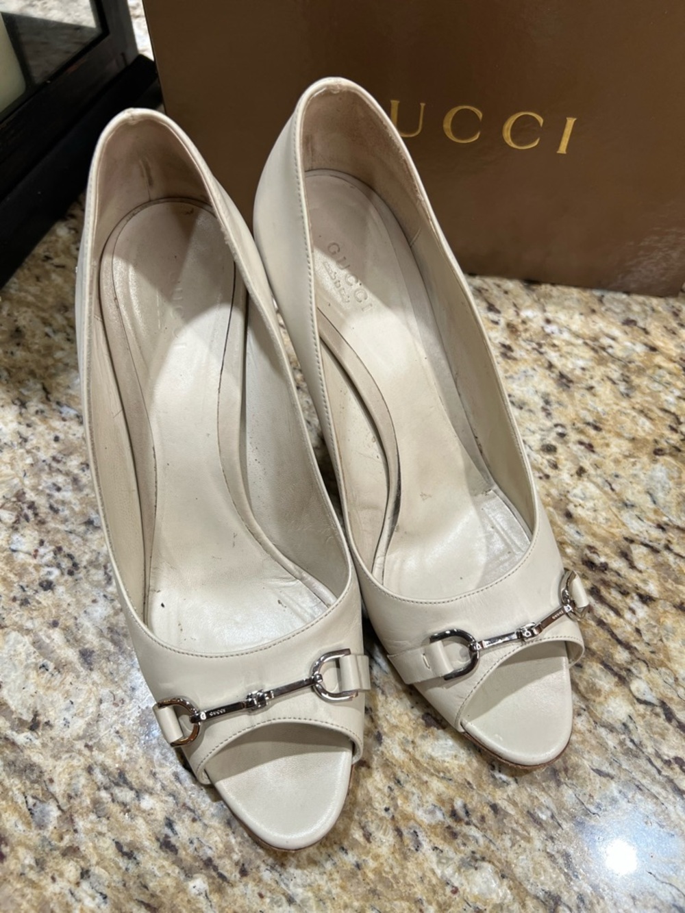 GUCCI Horsebit Silver Accent Cream Peep-Toe Stiletto Heels 40 - Picture 3 of 13